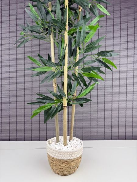 Bahçem Yoğun Yapraklı Dekoratif Bambu Ağacı Hasır Sea Grass/Beyaz Koton Saksılı 3 Gövde 100cm