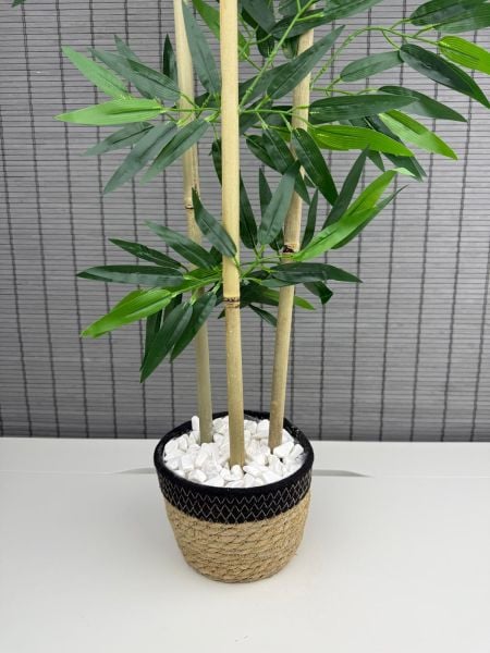 Bahçem Yoğun Yapraklı Dekoratif Bambu Ağacı Hasır Sea Grass/Siyah Koton Saksılı 3 Gövde 100cm