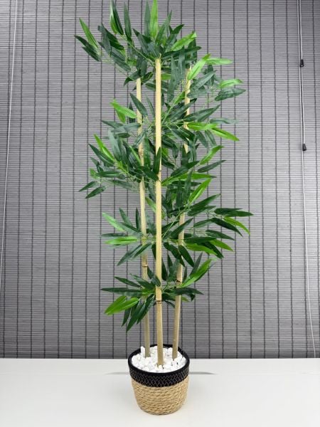 Bahçem Yoğun Yapraklı Dekoratif Bambu Ağacı Hasır Sea Grass/Siyah Koton Saksılı 3 Gövde 100cm