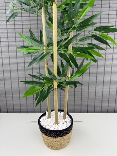 Bahçem Yoğun Yapraklı Dekoratif Bambu Ağacı Hasır Sea Grass/Siyah Koton Saksılı 3 Gövde 100cm