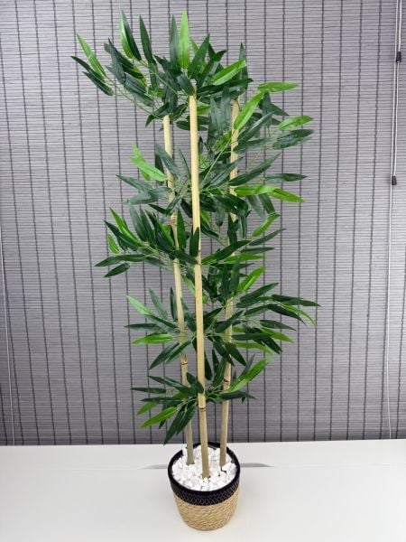 Bahçem Yoğun Yapraklı Dekoratif Bambu Ağacı Hasır Sea Grass/Siyah Koton Saksılı 3 Gövde 100cm