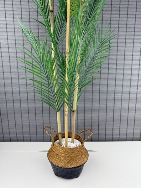 Bahçem Dekoratif Yapay Yapraklı Natural-Siyah Hasır Bambu Sepetli Areka Palmiye Ağacı 3 Gövde 120cm