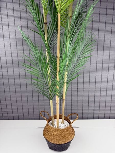Bahçem Dekoratif Yapay Yapraklı Natural-Siyah Hasır Bambu Sepetli Areka Palmiye Ağacı 3 Gövde 120cm