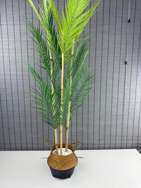Bahçem Dekoratif Yapay Yapraklı Natural-Siyah Hasır Bambu Sepetli Areka Palmiye Ağacı 3 Gövde 120cm
