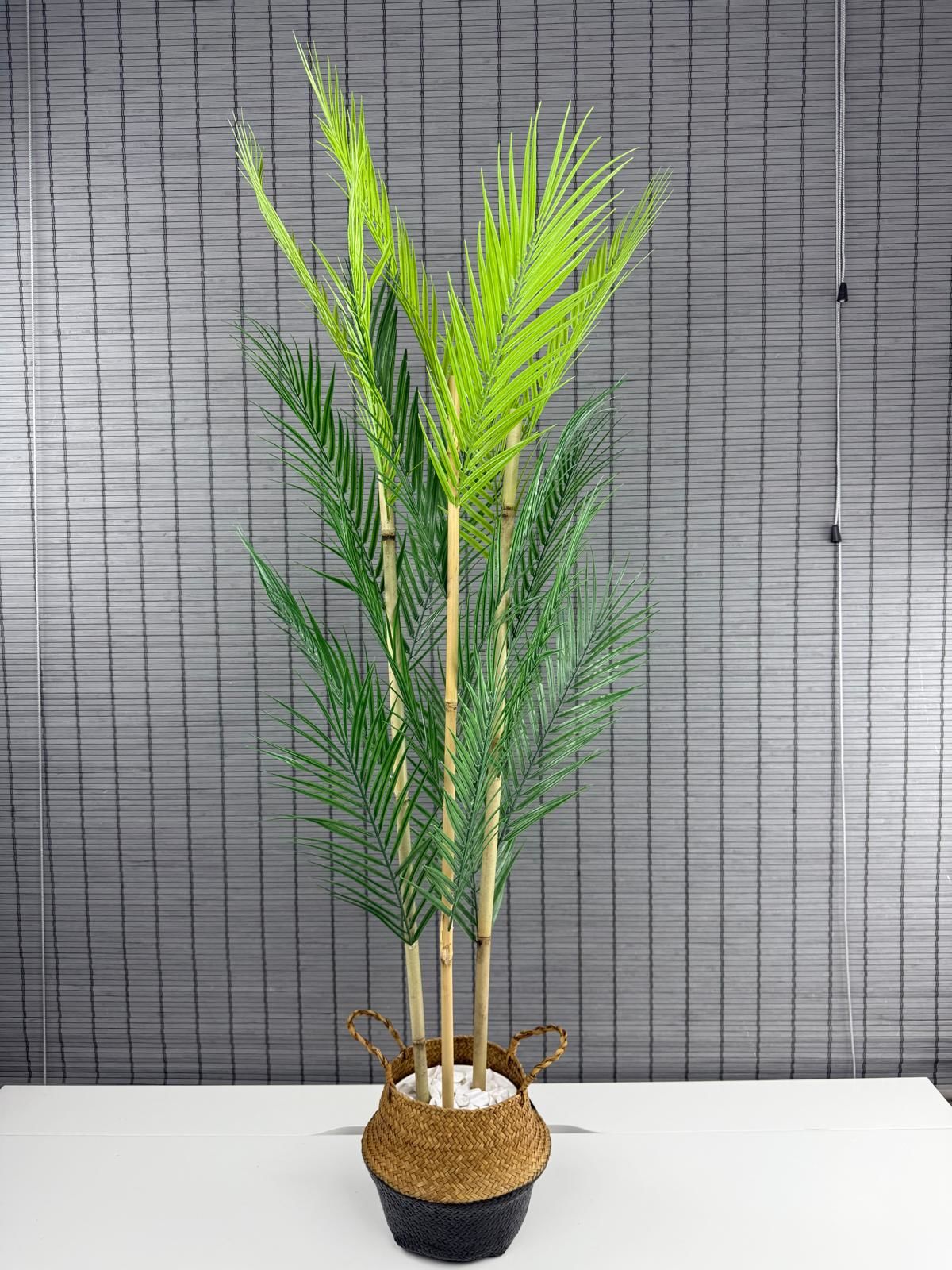 Bahçem Dekoratif Yapay Yapraklı Natural-Siyah Hasır Bambu Sepetli Areka Palmiye Ağacı 3 Gövde 120cm