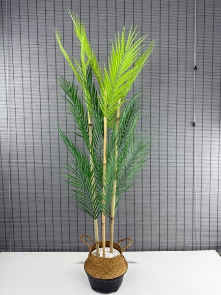 Bahçem Dekoratif Yapay Yapraklı Natural-Siyah Hasır Bambu Sepetli Areka Palmiye Ağacı 3 Gövde 120cm