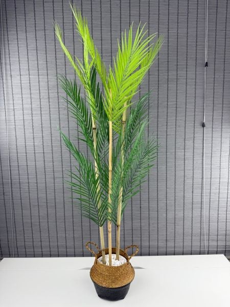 Bahçem Dekoratif Yapay Yapraklı Natural-Siyah Hasır Bambu Sepetli Areka Palmiye Ağacı 3 Gövde 120cm