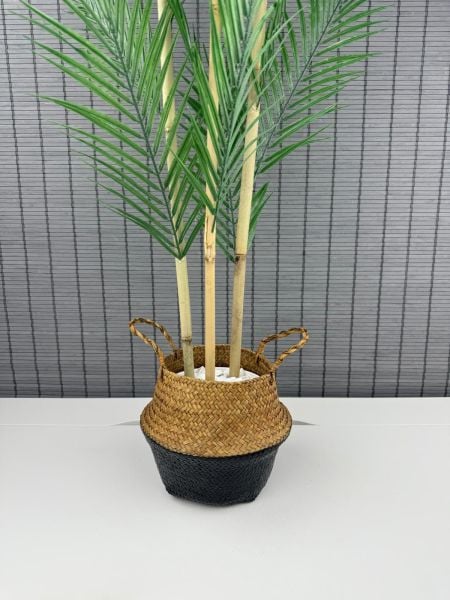 Bahçem Dekoratif Yapay Yapraklı Natural-Siyah Hasır Bambu Sepetli Areka Palmiye Ağacı 3 Gövde 120cm