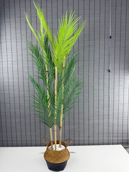 Bahçem Dekoratif Yapay Yapraklı Natural-Siyah Hasır Bambu Sepetli Areka Palmiye Ağacı 3 Gövde 120cm
