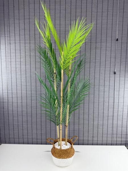 Bahçem Dekoratif Yapay Yapraklı Natural-Beyaz Hasır Bambu Sepetli Areka Palmiye Ağacı 3 Gövde 120cm