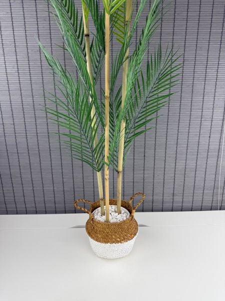 Bahçem Dekoratif Yapay Yapraklı Natural-Beyaz Hasır Bambu Sepetli Areka Palmiye Ağacı 3 Gövde 120cm