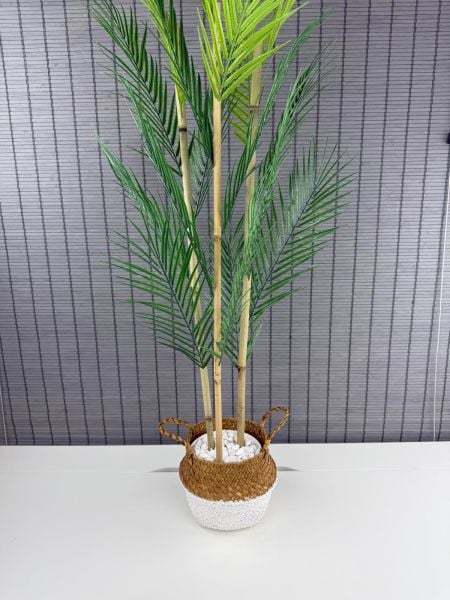 Bahçem Dekoratif Yapay Yapraklı Natural-Beyaz Hasır Bambu Sepetli Areka Palmiye Ağacı 3 Gövde 120cm