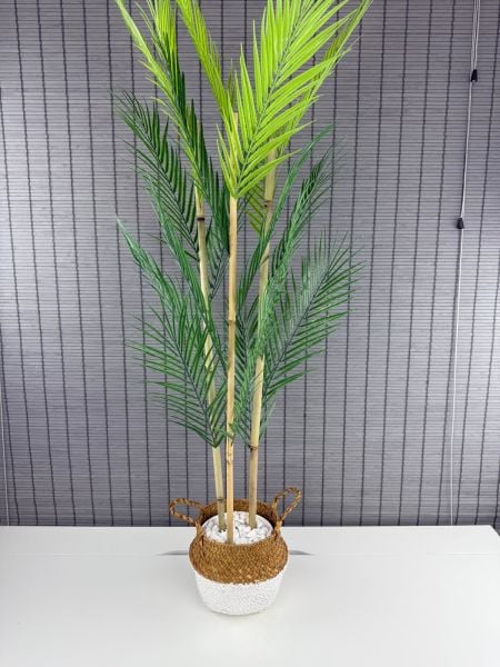 Bahçem Dekoratif Yapay Yapraklı Natural-Beyaz Hasır Bambu Sepetli Areka Palmiye Ağacı 3 Gövde 120cm