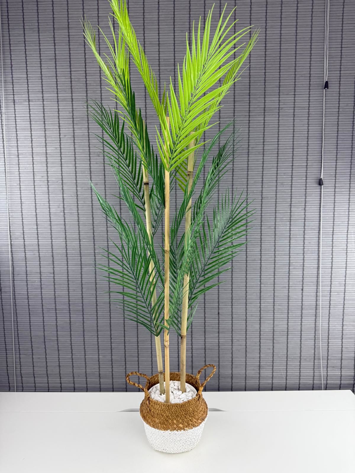 Bahçem Dekoratif Yapay Yapraklı Natural-Beyaz Hasır Bambu Sepetli Areka Palmiye Ağacı 3 Gövde 120cm