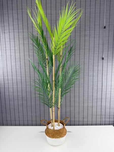 Bahçem Dekoratif Yapay Yapraklı Natural-Beyaz Hasır Bambu Sepetli Areka Palmiye Ağacı 3 Gövde 120cm