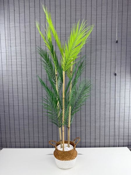 Bahçem Dekoratif Yapay Yapraklı Natural-Beyaz Hasır Bambu Sepetli Areka Palmiye Ağacı 3 Gövde 120cm