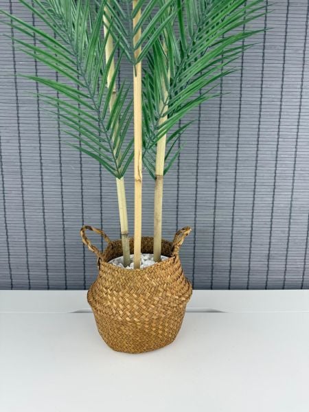 Bahçem Dekoratif Yapay Yapraklı Natural Hasır Bambu Sepetli Areka Palmiye Ağacı 3 Gövde 120cm