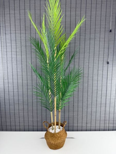 Bahçem Dekoratif Yapay Yapraklı Natural Hasır Bambu Sepetli Areka Palmiye Ağacı 3 Gövde 120cm