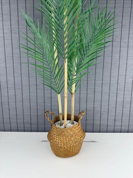 Bahçem Dekoratif Yapay Yapraklı Natural Hasır Bambu Sepetli Areka Palmiye Ağacı 3 Gövde 120cm