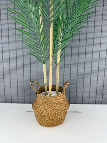 Bahçem Dekoratif Yapay Yapraklı Natural Hasır Bambu Sepetli Areka Palmiye Ağacı 3 Gövde 120cm