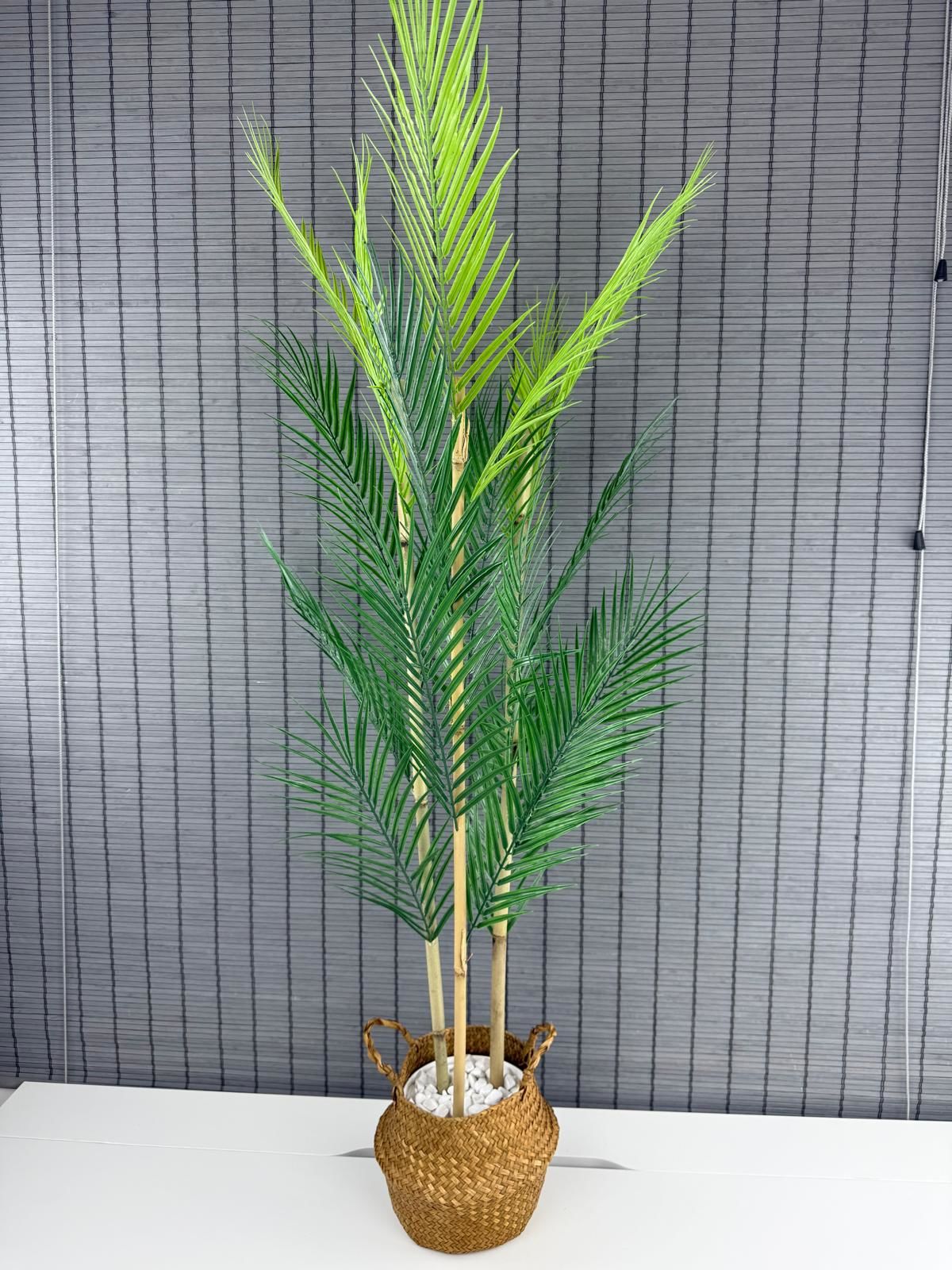 Bahçem Dekoratif Yapay Yapraklı Natural Hasır Bambu Sepetli Areka Palmiye Ağacı 3 Gövde 120cm