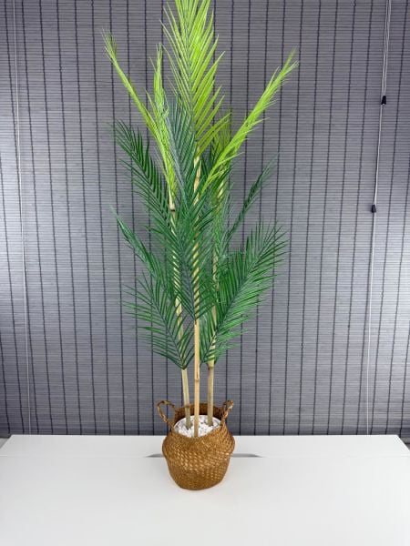 Bahçem Dekoratif Yapay Yapraklı Natural Hasır Bambu Sepetli Areka Palmiye Ağacı 3 Gövde 120cm