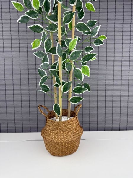 Bahçem Dekoratif Yapay Yapraklı Natural Hasır Bambu Sepetli Dekoratif Benjamin Ağacı 100cm 3 Gövde