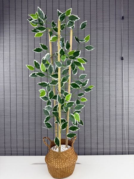 Bahçem Dekoratif Yapay Yapraklı Natural Hasır Bambu Sepetli Dekoratif Benjamin Ağacı 100cm 3 Gövde