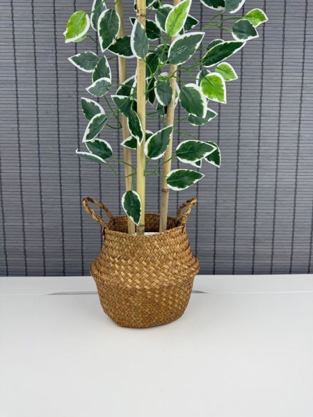 Bahçem Dekoratif Yapay Yapraklı Natural Hasır Bambu Sepetli Dekoratif Benjamin Ağacı 100cm 3 Gövde