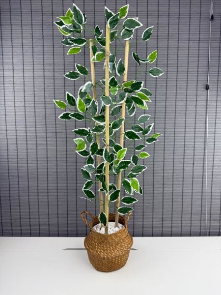 Bahçem Dekoratif Yapay Yapraklı Natural Hasır Bambu Sepetli Dekoratif Benjamin Ağacı 100cm 3 Gövde