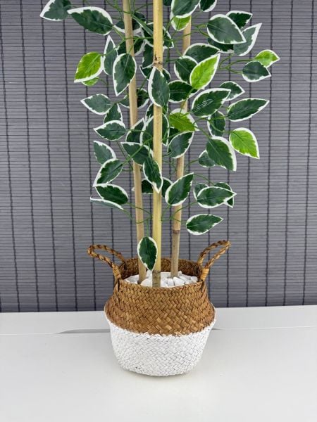 Bahçem Dekoratif Yapay Yapraklı Natural-Beyaz Hasır Bambu Sepetli Dekoratif Benjamin Ağacı 100cm 3 Gövde
