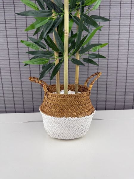 YAPAY Dekoratif Yapraklı Natural-beyaz Hasır Bambu Sepetli Dekoratif Bambu Ağacı 100cm 3 Gövde
