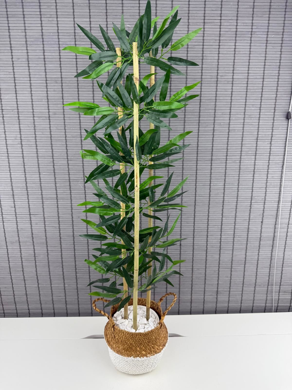 YAPAY Dekoratif Yapraklı Natural-beyaz Hasır Bambu Sepetli Dekoratif Bambu Ağacı 100cm 3 Gövde