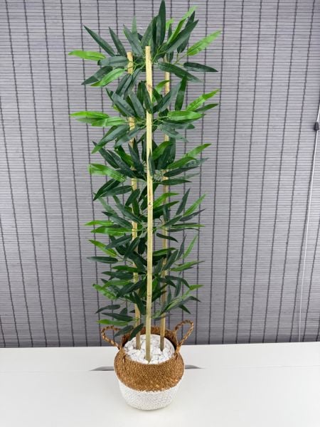 YAPAY Dekoratif Yapraklı Natural-beyaz Hasır Bambu Sepetli Dekoratif Bambu Ağacı 100cm 3 Gövde