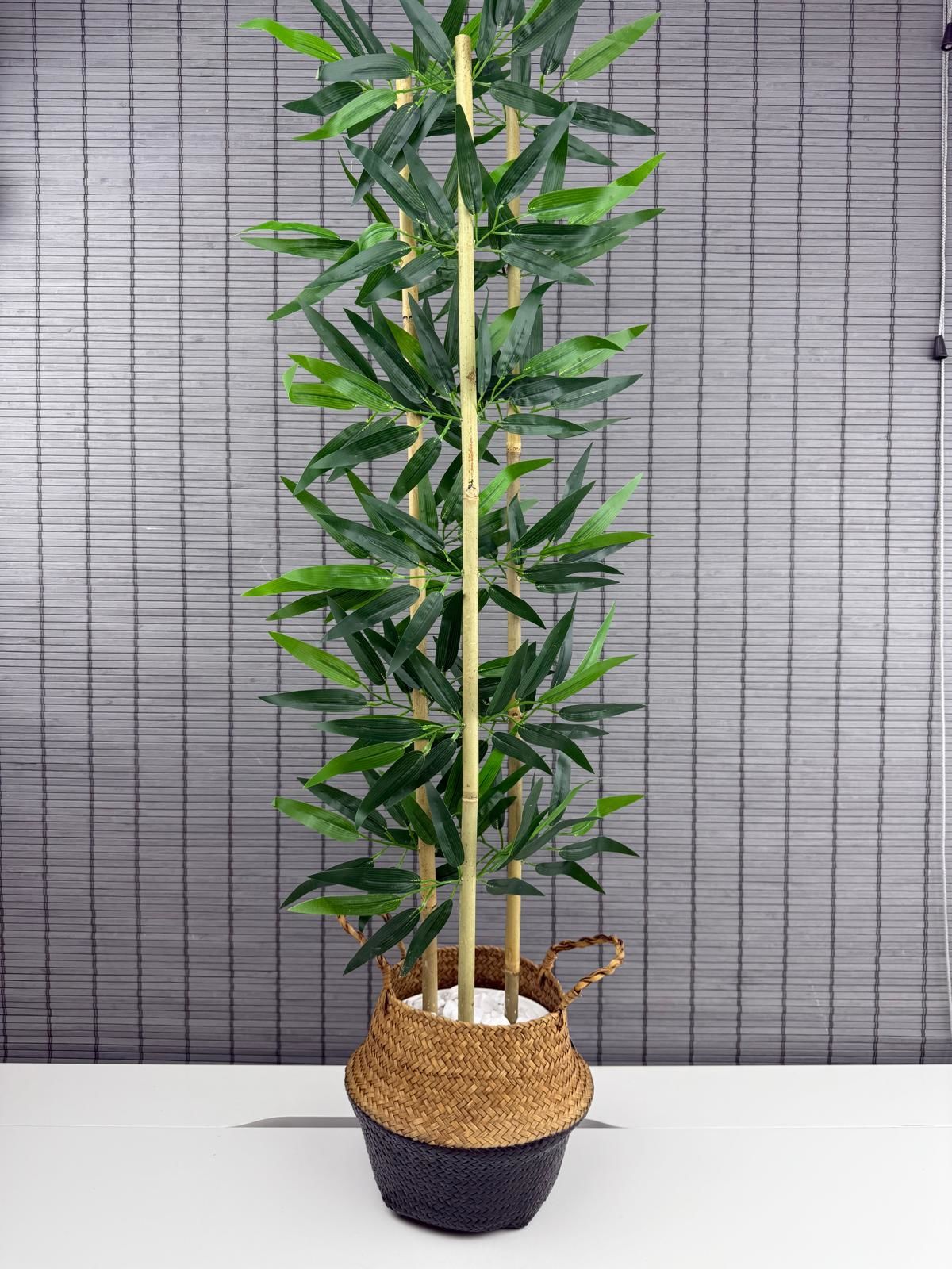 Bahçem Dekoratif Yapay Yapraklı Natural-Siyah Hasır Bambu Sepetli Dekoratif Bambu Ağacı 100cm 3 Gövde