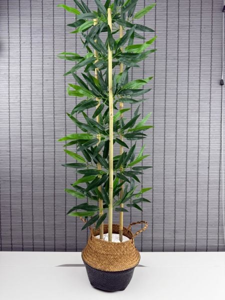 Bahçem Dekoratif Yapay Yapraklı Natural-Siyah Hasır Bambu Sepetli Dekoratif Bambu Ağacı 100cm 3 Gövde