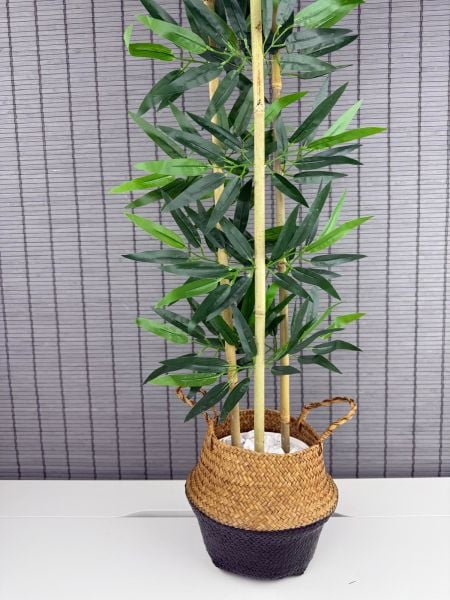 Bahçem Dekoratif Yapay Yapraklı Natural-Siyah Hasır Bambu Sepetli Dekoratif Bambu Ağacı 100cm 3 Gövde