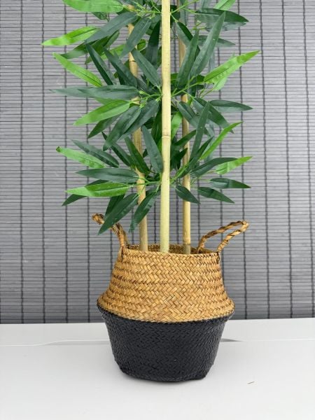 Bahçem Dekoratif Yapay Yapraklı Natural-Siyah Hasır Bambu Sepetli Dekoratif Bambu Ağacı 100cm 3 Gövde