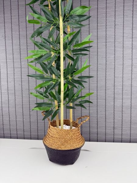 Bahçem Dekoratif Yapay Yapraklı Natural-Siyah Hasır Bambu Sepetli Dekoratif Bambu Ağacı 100cm 3 Gövde