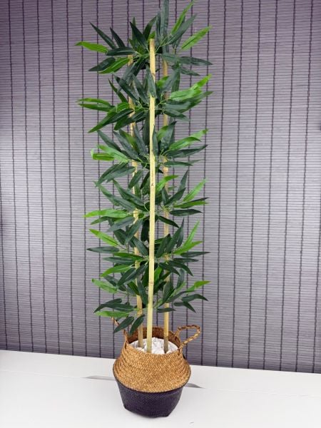 Bahçem Dekoratif Yapay Yapraklı Natural-Siyah Hasır Bambu Sepetli Dekoratif Bambu Ağacı 100cm 3 Gövde