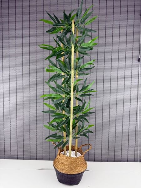Bahçem Dekoratif Yapay Yapraklı Natural-Siyah Hasır Bambu Sepetli Dekoratif Bambu Ağacı 100cm 3 Gövde