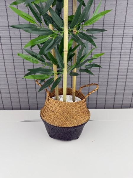 Bahçem Dekoratif Yapay Yapraklı Natural-Siyah Hasır Bambu Sepetli Dekoratif Bambu Ağacı 100cm 3 Gövde