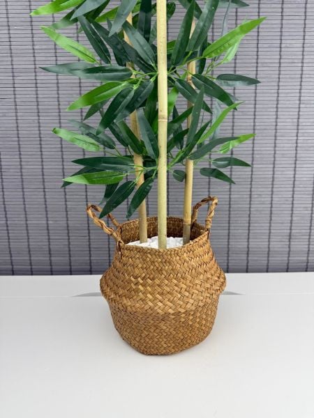Bahçem Dekoratif Yapay Yapraklı Natural Hasır Bambu Sepetli Dekoratif Bambu Ağacı 100cm 3 Gövde