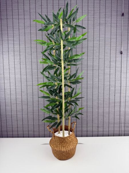 Bahçem Dekoratif Yapay Yapraklı Natural Hasır Bambu Sepetli Dekoratif Bambu Ağacı 100cm 3 Gövde