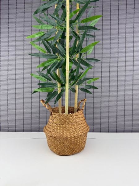 Bahçem Dekoratif Yapay Yapraklı Natural Hasır Bambu Sepetli Dekoratif Bambu Ağacı 100cm 3 Gövde
