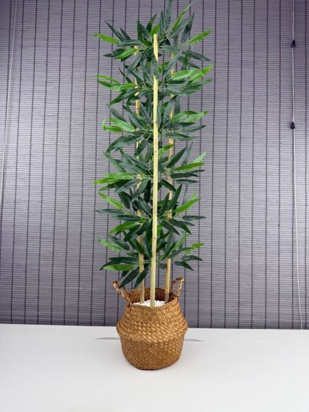 Bahçem Dekoratif Yapay Yapraklı Natural Hasır Bambu Sepetli Dekoratif Bambu Ağacı 100cm 3 Gövde