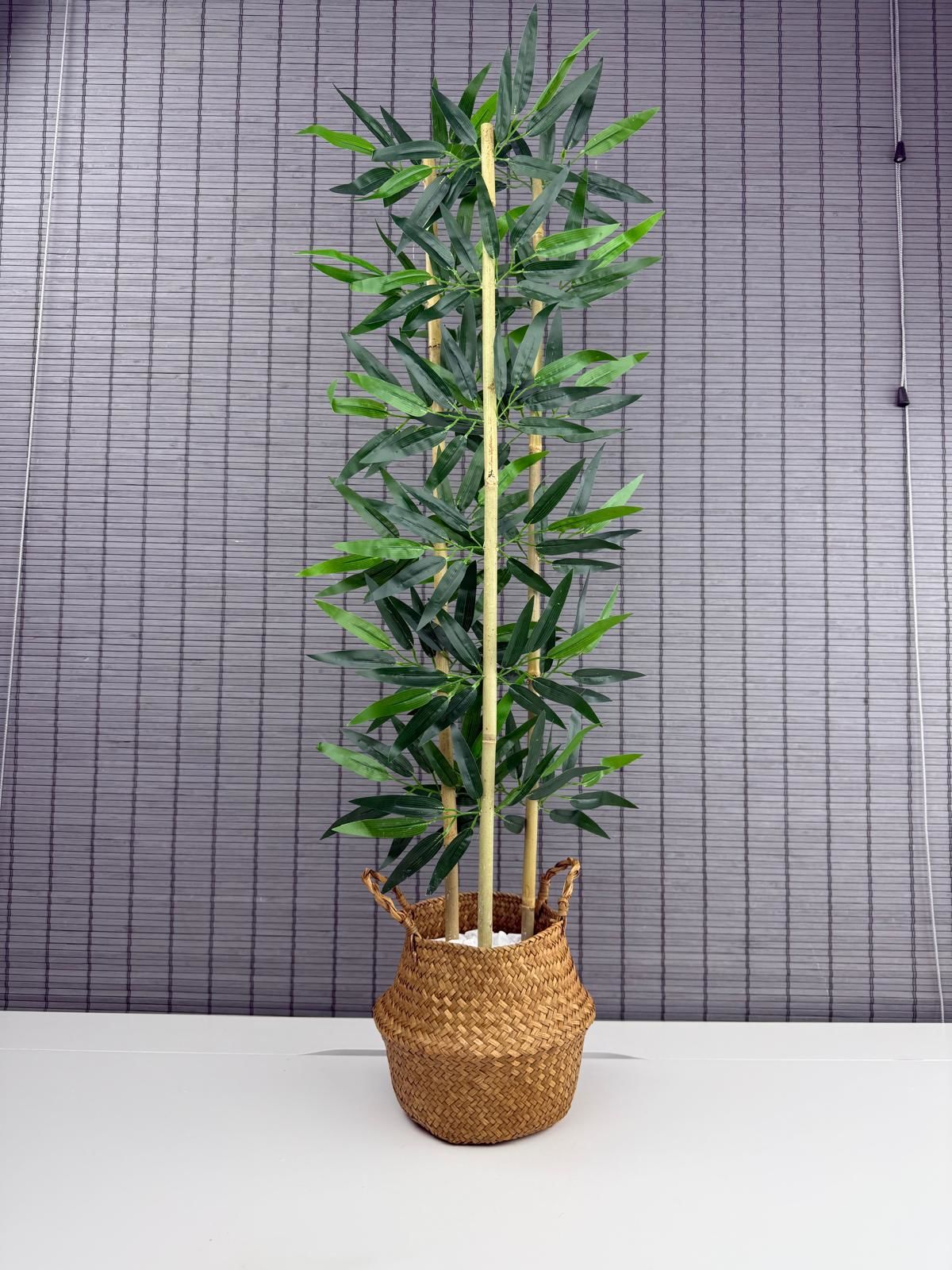 Bahçem Dekoratif Yapay Yapraklı Natural Hasır Bambu Sepetli Dekoratif Bambu Ağacı 100cm 3 Gövde