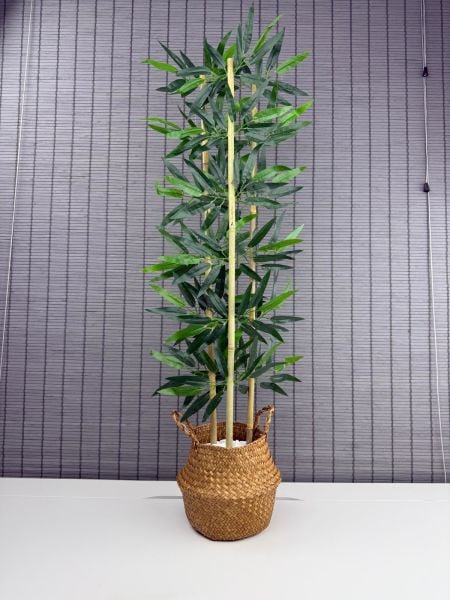 Bahçem Dekoratif Yapay Yapraklı Natural Hasır Bambu Sepetli Dekoratif Bambu Ağacı 100cm 3 Gövde