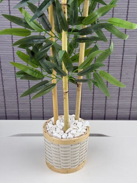 Bahçem Dekoratif Pwc Rattan Saksılı Ahsap Detaylı Yapay Yapraklı Dekoratif Bambu Ağacı 3 Gövde 110cm