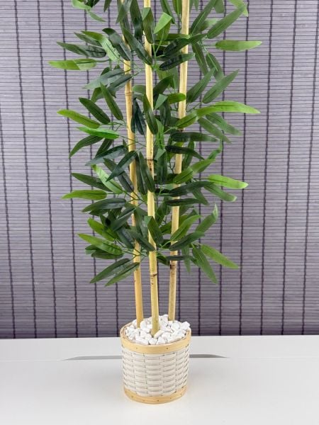 Bahçem Dekoratif Pwc Rattan Saksılı Ahsap Detaylı Yapay Yapraklı Dekoratif Bambu Ağacı 3 Gövde 110cm